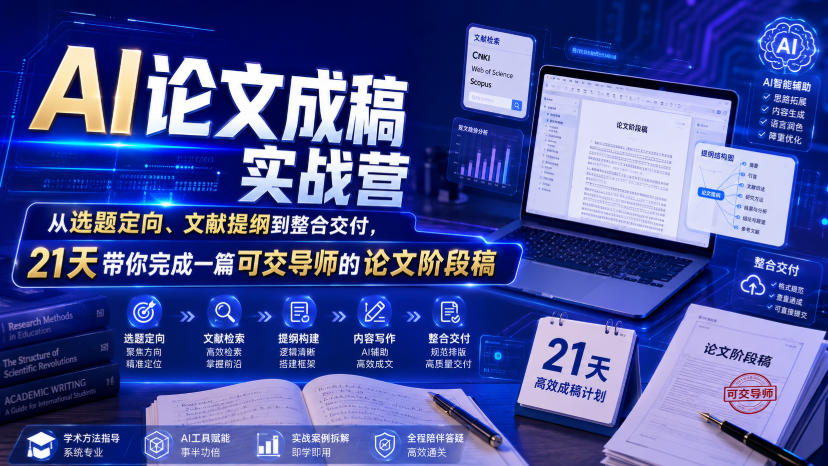 AI论文成稿实战营，从选题定向、文献提纲到整合交付，21天带你完成一篇可交导师的论文阶段稿-HEIXMI（中国站）