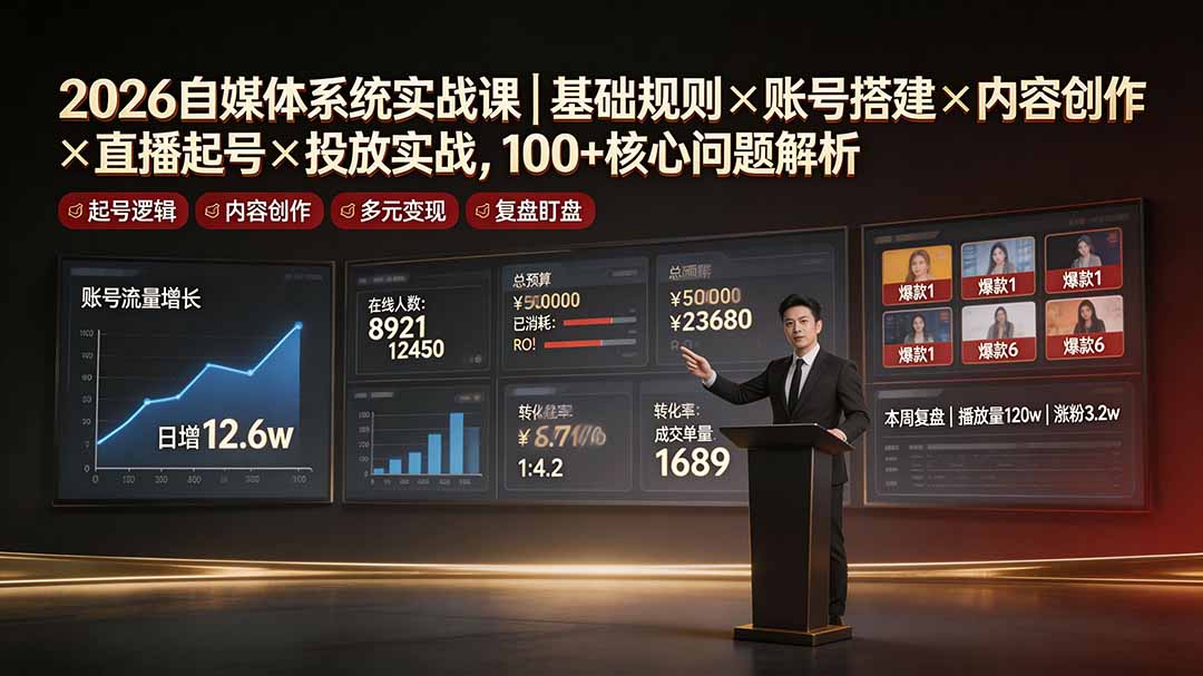 2026自媒体系统实战课｜基础规则×账号搭建×内容创作×直播起号×投放实战，100+核心问题解析-HEIXMI（中国站）
