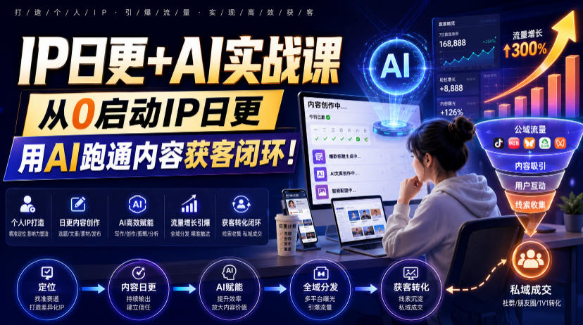 IP日更+AI实战课，从0启动IP日更，IP置顶视频制作+100条选题库搭建+10条日更规划，用AI跑通内容获客闭环!-HEIXMI（中国站）