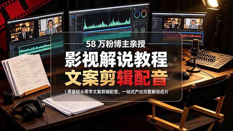 58 万粉博主荧幕春秋亲授影视解说教程｜零基础从零学文案剪辑配音，一站式产出完整解说成片-HEIXMI（中国站）