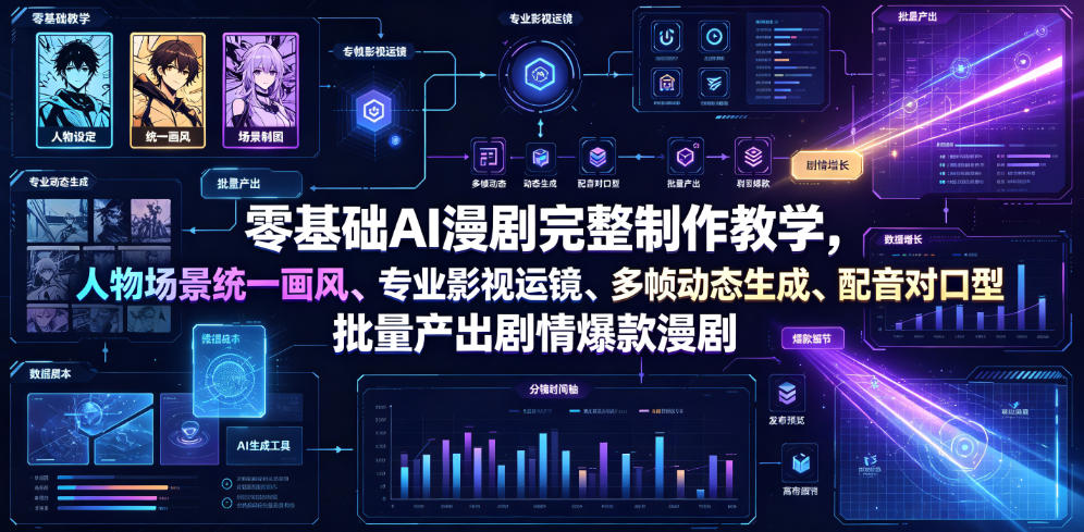 零基础AI漫剧完整制作教学，人物场景统一画风、专业影视运镜、多帧动态生成、配音对口型，批量产出剧情爆款漫剧-HEIXMI（中国站）