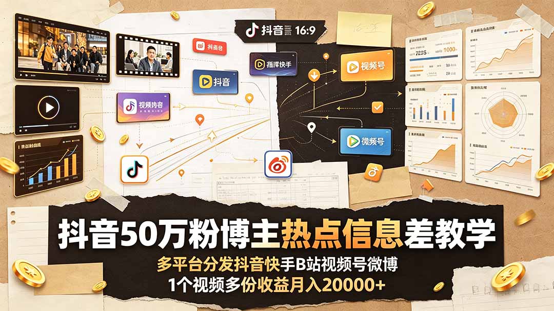 抖音50万粉博主热点信息差教学：多平台分发抖音快手B站视频号微博，1个视频多份收益月入20000+-HEIXMI（中国站）