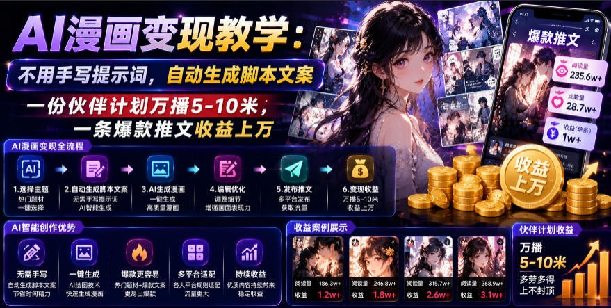 AI漫画变现教学：不用手写提示词，自动生成脚本文案，一份伙伴计划万播5-10米，一条爆款推文收益上W-HEIXMI（中国站）