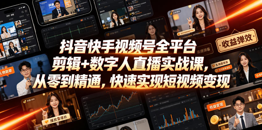 抖音快手视频号全平台剪辑+数字人直播实战课，从零到精通，快速实现短视频变现(更新2026年6月)​-HEIXMI（中国站）