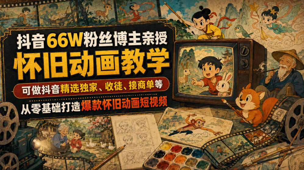 抖音66W粉丝博主亲授怀旧动画教学，可做抖音精选独家、收徒、接商单等，从零基础打造爆款怀旧动画短视频-HEIXMI（中国站）