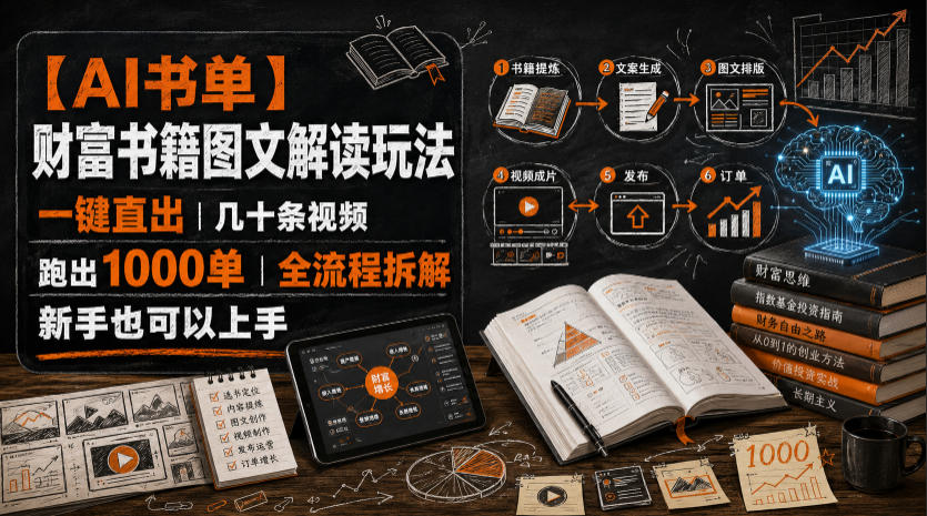 【AI书单】财富书籍图文解读玩法，一键直出，几十条视频，跑出1000单，全流程拆解，新手也可以上手-HEIXMI（中国站）