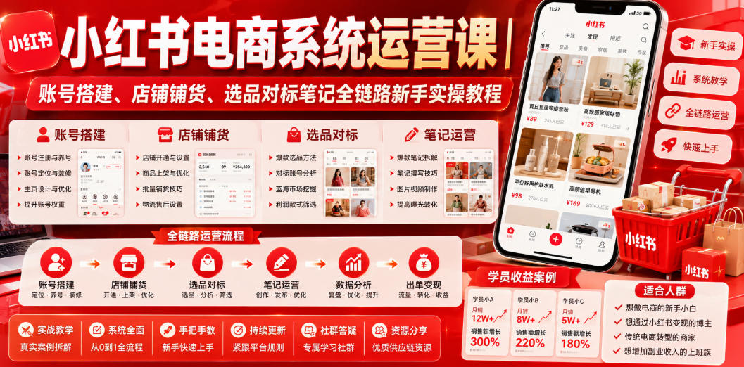 小红书电商系统运营课｜账号搭建、店铺铺货、选品对标笔记全链路新手实操教程-HEIXMI（中国站）