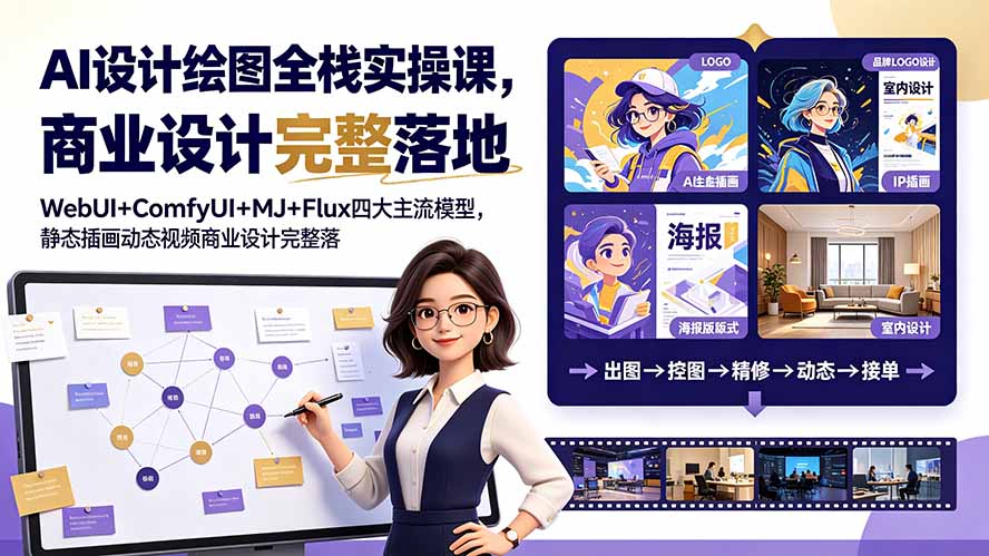 AI设计绘图全栈实操课，WebUI+ComfyUI+MJ+Flux四大主流模型，静态插画动态视频商业设计完整落地教程-HEIXMI（中国站）
