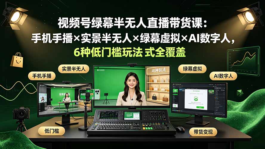 视频号绿幕半无人直播带货课：手机手播×实景半无人×绿幕虚拟×AI数字人，6种低门槛玩法全覆盖-HEIXMI（中国站）