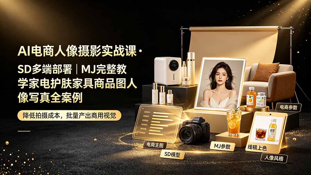 AI电商人像摄影实战课·SD多端部署｜MJ完整教学｜家电护肤家具商品图人像写真全案例-HEIXMI（中国站）