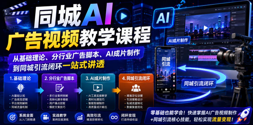 同城AI广告视频教学课程，从基础理论、分行业广告脚本、AI成片制作到同城引流闭环一站式讲透-HEIXMI（中国站）