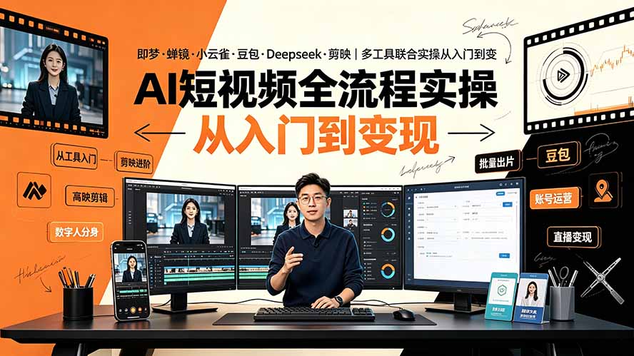 AI短视频全流程实操：即梦·蝉镜·小云雀·豆包·Deepseek·剪映｜多工具联合实操从入门到变现-HEIXMI（中国站）
