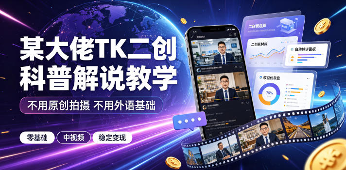 某大佬TK二创科普解说教学，不用原创拍摄不用外语基础，零基础做TikTok中视频稳定变现-HEIXMI（中国站）