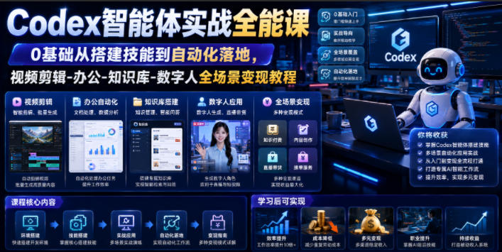 Codex智能体实战全能课｜0基础从搭建技能到自动化落地，视频剪辑-办公-知识库-数字人全场景变现教程-HEIXMI（中国站）
