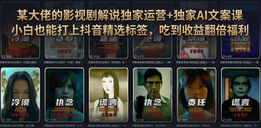 某大佬的影视剧解说独家运营+独家AI文案课，小白0粉丝也能快速打上抖音精选标签、吃到收益翻倍福利-HEIXMI（中国站）