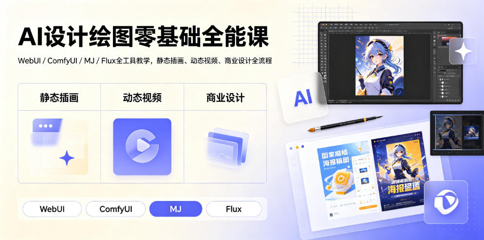 AI设计绘图零基础全能课｜WebUI/ComfyUI/MJ/Flux全工具教学，静态插画、动态视频、商业设计全流程-HEIXMI（中国站）