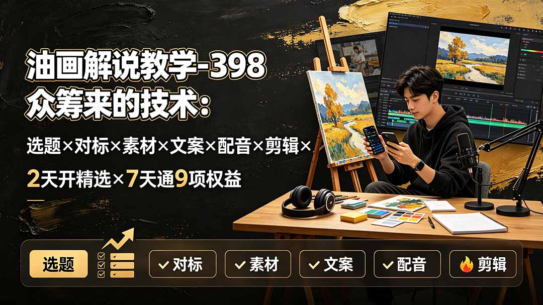 油画解说教学-398众筹来的技术：选题×对标×素材×文案×配音×剪辑×2天开精选×7天通9项权益-HEIXMI（中国站）