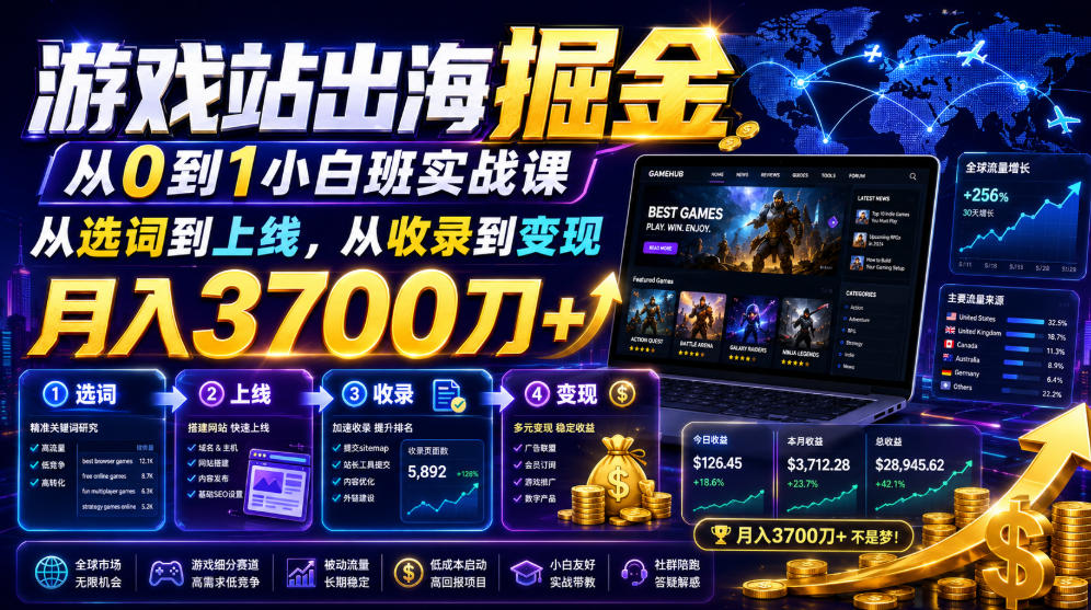 游戏站出海掘金从0到1小白实战课，从选词到上线，从收录到变现，月入3700刀+-HEIXMI（中国站）