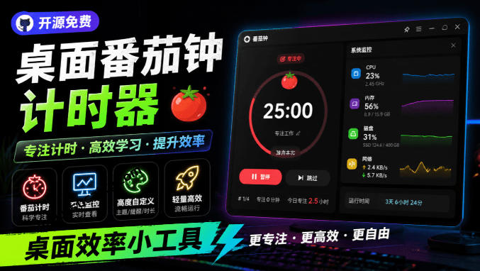 仅1.16MB，开源极简的桌面时钟、番茄钟计时器，还支持系统监控显示，桌面效率小工具Catime-HEIXMI（中国站）