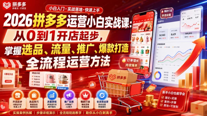2026拼多多运营小白实战课：从0到1开店起步，掌握选品、流量、推广、爆款打造全流程运营方法-HEIXMI（中国站）