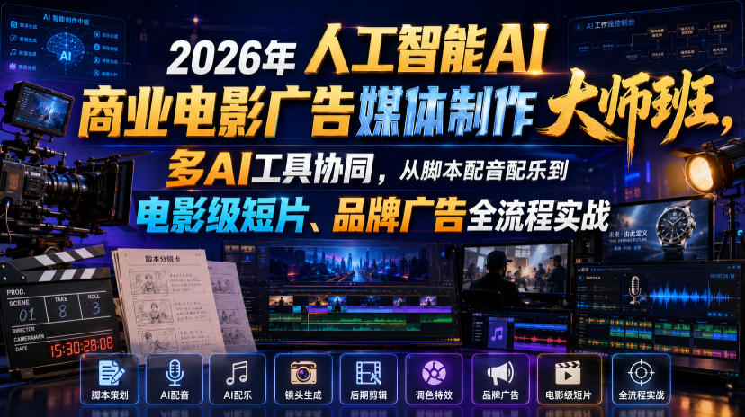 2026年人工智能AI商业电影广告媒体制作大师班，多AI工具协同，从脚本配音配乐到电影级短片、品牌广告全流程实战(中英字幕)-HEIXMI（中国站）