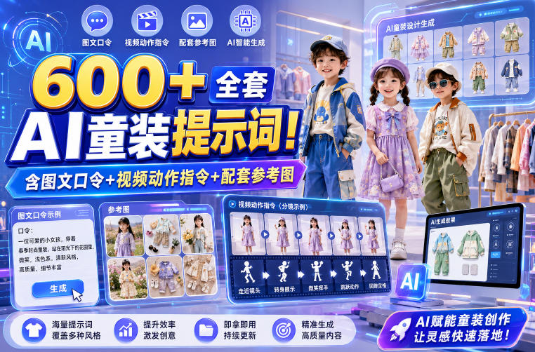 600+全套AI童装提示词！含图文口令+视频动作指令+配套参考图，Word-Excel规整分类，童装电商、种草无脑量产内容！-HEIXMI（中国站）