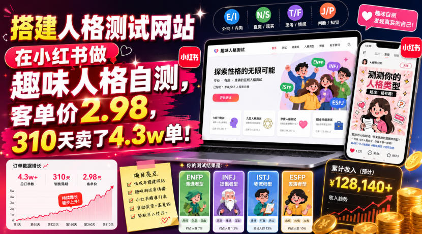 搭建人格测试网站在小红书做趣味人格自测，客单价2.98，310天卖了4.3w单！-HEIXMI（中国站）