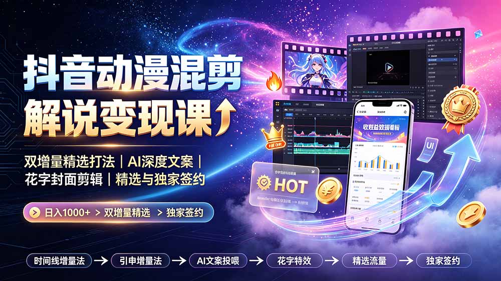 抖音动漫混剪解说变现课：双增量精选打法｜AI深度文案｜花字封面剪辑｜ 精选与独家签约日入1000+-HEIXMI（中国站）