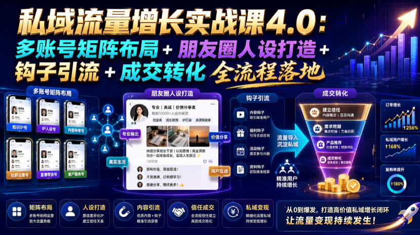 私域流量增长实战课4.0：多账号矩阵布局+朋友圈人设打造+钩子引流+成交转化全流程落地-HEIXMI（中国站）