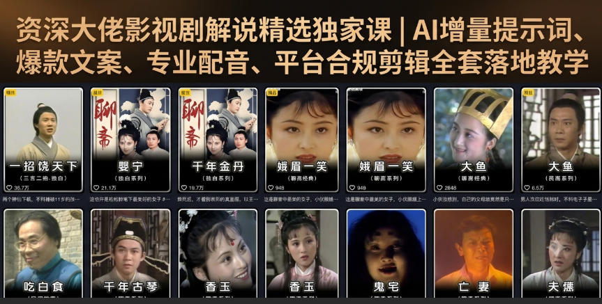 资深大佬影视剧解说精选独家课｜AI增量提示词、爆款文案、专业配音、平台合规剪辑全套落地教学-HEIXMI（中国站）