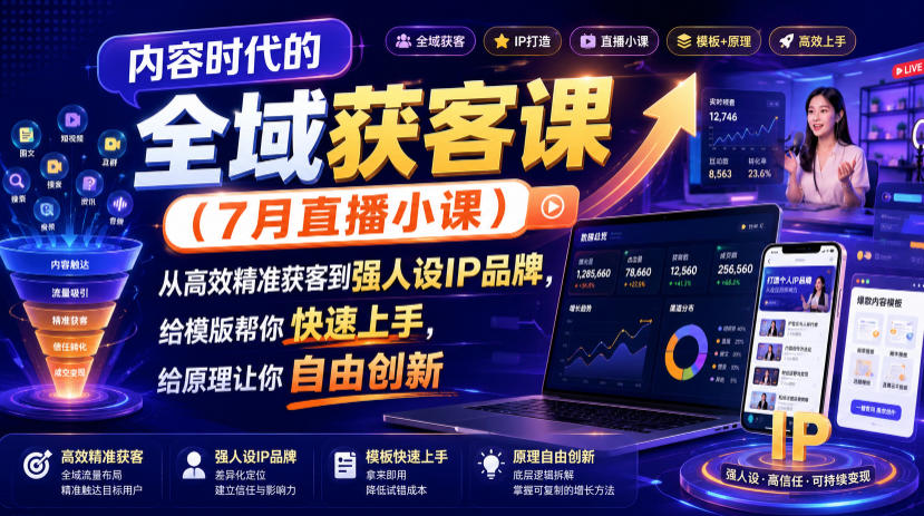 内容时代的全域获客课(7月直播小课)，从高效精准获客到强人设IP品牌，给模版帮你快速上手，给原理让你自由创新-HEIXMI（中国站）