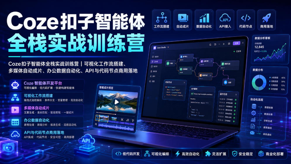 Coze扣子智能体全栈实战训练营｜可视化工作流搭建、多媒体自动成片、办公数据自动化、API与代码节点商用落地-HEIXMI（中国站）