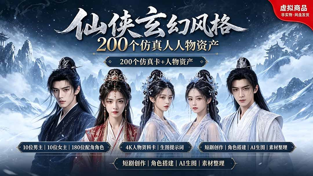 200个仙侠玄幻仿真人素材◆10男主×10女主×180配角，4K资料卡+AI生图提示词，漫剧必备-HEIXMI（中国站）
