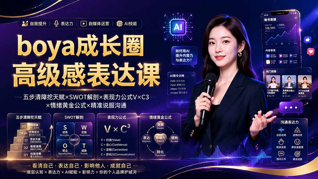 boya成长圈｜内心成长高级表达AI自媒体三合一，消解内耗挖掘天赋，镜头沟通AI指令短视频全流程教学-HEIXMI（中国站）