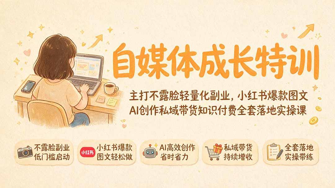 自媒体成长特训｜主打不露脸轻量化副业，小红书爆款图文AI创作私域带货知识付费全套落地实操课-HEIXMI（中国站）