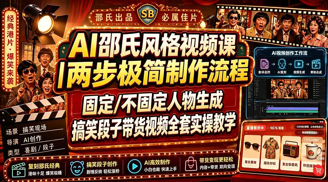 AI邵氏风格视频课｜两步极简制作流程，固定/不固定人物生成，搞笑段子带货视频全套实操教学-HEIXMI（中国站）