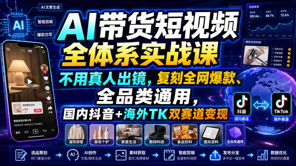 AI带货短视频全体系实战课，不用真人出镜，复刻全网爆款、全品类通用，国内抖音+海外TK双赛道变现-HEIXMI（中国站）