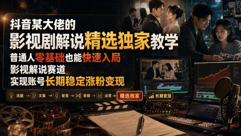 抖音某大佬的影视剧解说精选独家教学，普通人零基础也能快速入局影视解说赛道，实现账号长期稳定变现-HEIXMI（中国站）