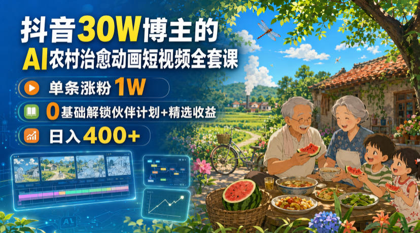 抖音30W博主的AI农村治愈动画短视频全套课｜单条涨粉1W，0基础解锁伙伴计划+精选收益，日入400+-HEIXMI（中国站）