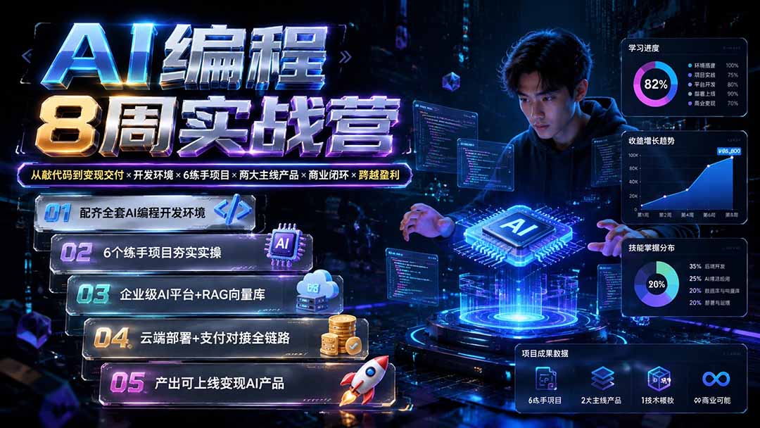AI编程8周实战营：从敲代码到变现交付×开发环境×6练手项目×两大主线产品×商业闭环×跨越盈利-HEIXMI（中国站）