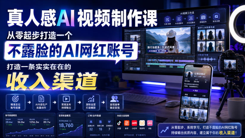真人感AI视频制作课，从零起步打造一个不露脸的AI网红账号，打造一条实实在在的收入渠道【原创双语字幕】-HEIXMI（中国站）
