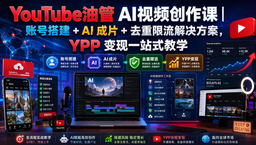 YouTube油管AI视频创作课｜账号搭建+AI成片+去重限流解决方案，YPP变现一站式教学-HEIXMI（中国站）
