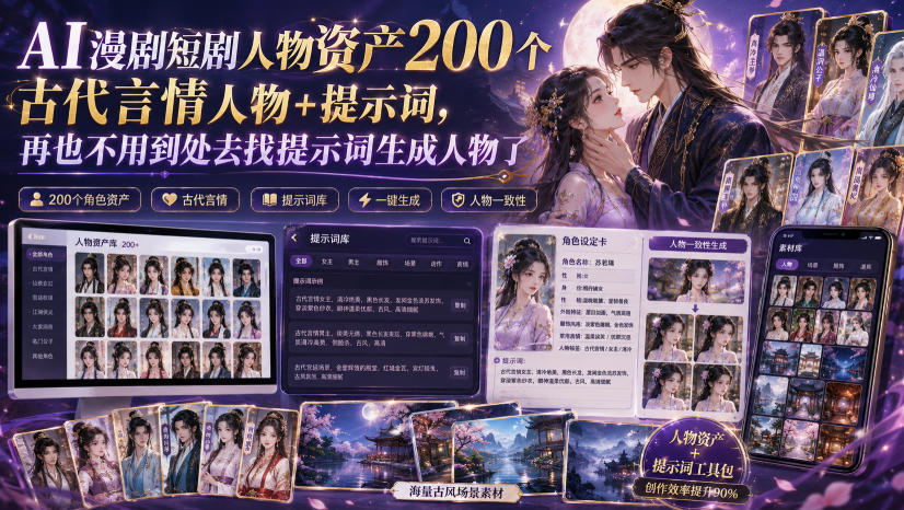AI漫剧短剧人物资产200个古代言情人物+提示词，再也不用到处去找提示词生成人物了-HEIXMI（中国站）