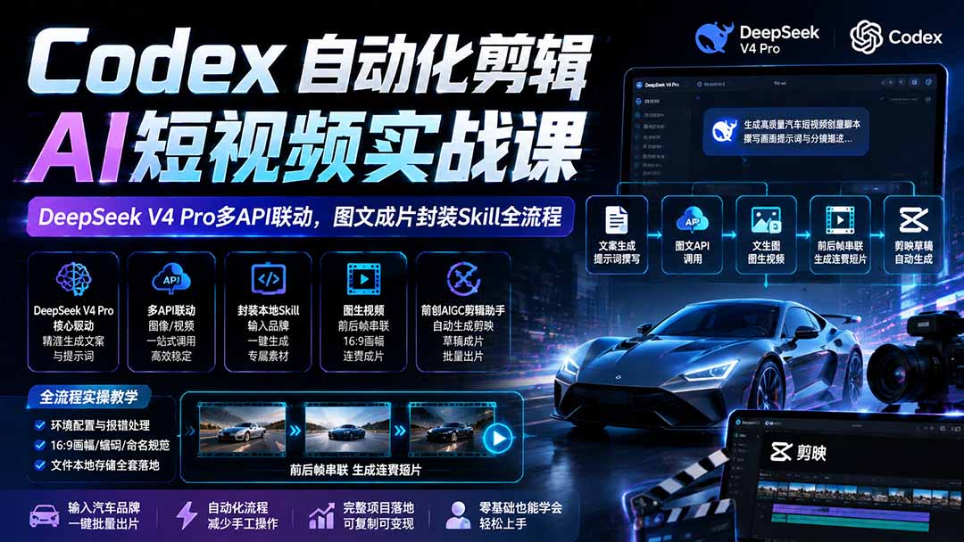 Codex自动化剪辑AI短视频实战课｜DeepSeek V4 Pro多API联动，图文成片封装Skill全流程-HEIXMI（中国站）