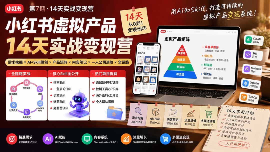 小红书虚拟产品14天实战变现营-第7期：需求挖掘×AI+Skill原创×产品矩阵×内容笔记×一人公司进阶×全链路-HEIXMI（中国站）