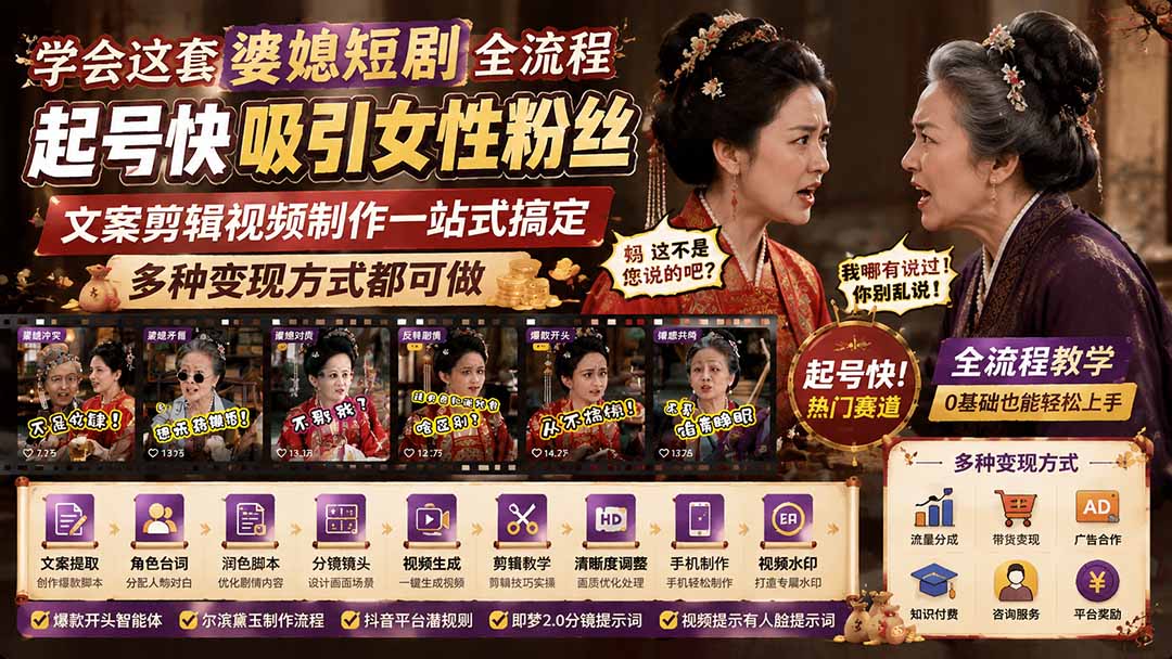 学会这套婆媳短剧全流程：起号快吸引女性粉丝，文案剪辑视频制作一站式搞定，多种变现方式都可做-HEIXMI（中国站）