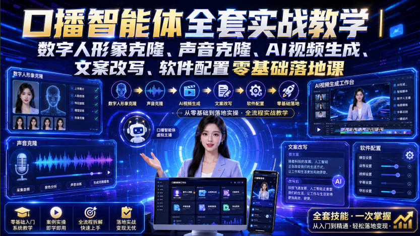 口播智能体全套实战教学｜数字人形象克隆、声音克隆、AI视频生成、文案改写、软件配置零基础落地课-HEIXMI（中国站）