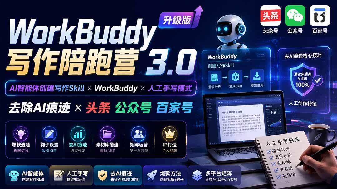 WorkBuddy写作陪跑营3.0-更新：Ai智能体创建写作Skill×WorkBuddy×人工手写模式×去除AI痕迹×头条公众号百家号-HEIXMI（中国站）