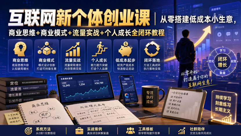 互联网新个体创业课｜从零搭建低成本小生意，商业思维+商业模式+流量实战+个人成长全闭环教程-HEIXMI（中国站）