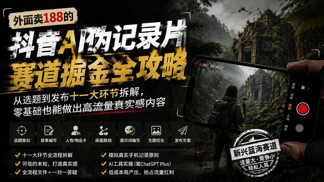 外面卖188的抖音AI伪记录片赛道掘金全攻略；从选题到发布十一大环节拆解，零基础也能做出高流量真实感内容-HEIXMI（中国站）